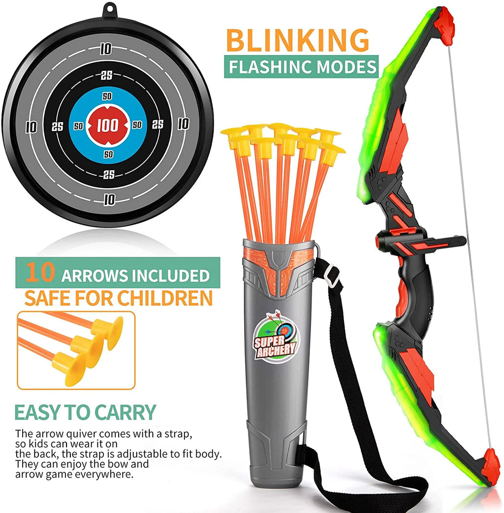 Kids Bow and Arrow Set - LED Light up Archery Toy Set with 10 Suction Cup Arrows, Target & Quiver, Indoor and Outdoor Toys for Children Boys Girls ,Gift Eligible
